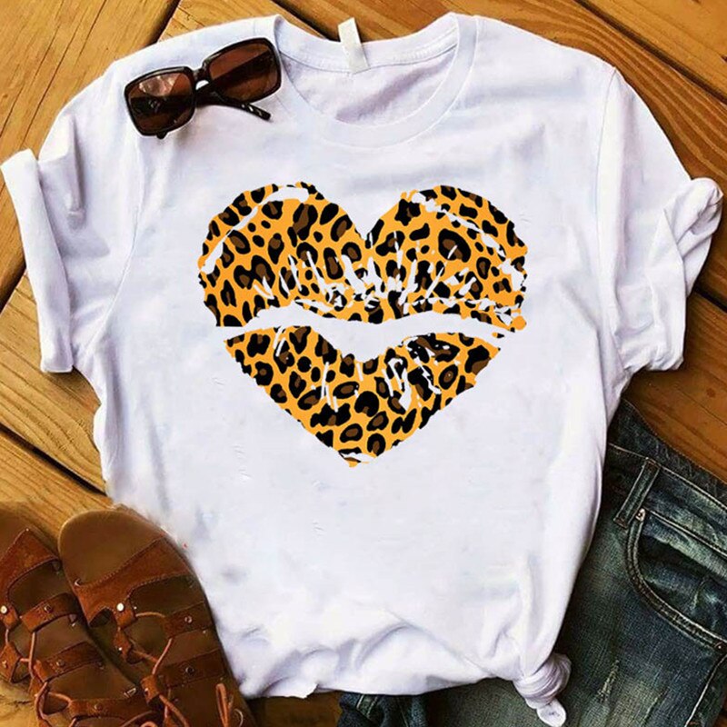 Damen Sommer Top 3D Leopard Kiss T-Shirt Rundhals Streetwear Damentop
