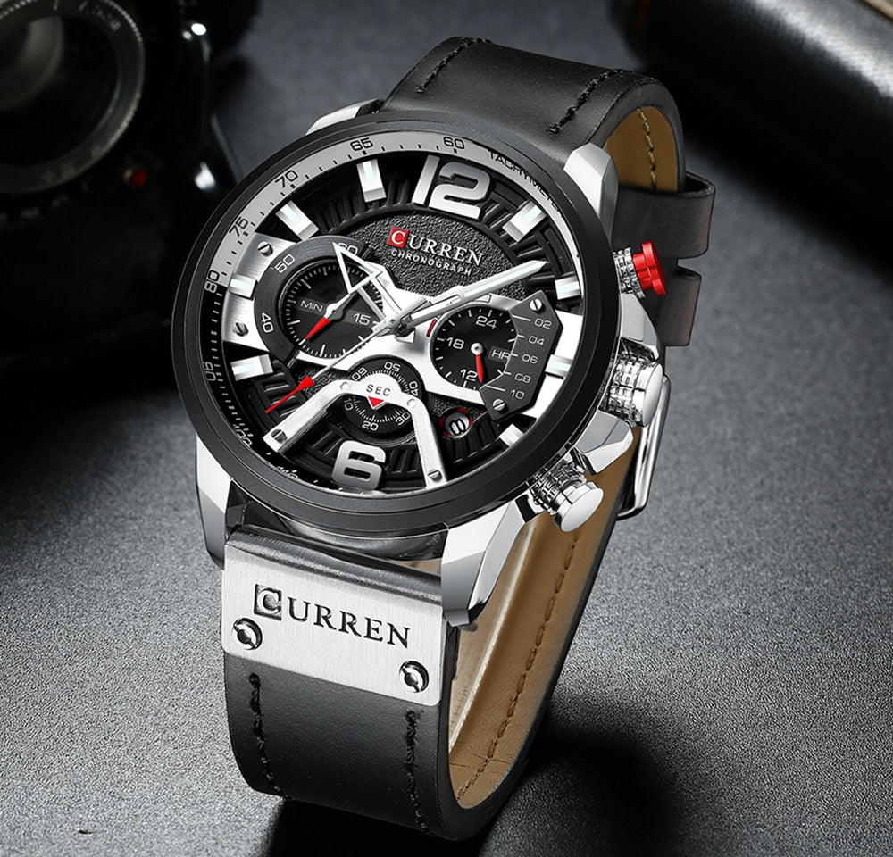 Herren Armbanduhr Silber Schwarz Edelstahl Fashion Luxus Chronograph  Business