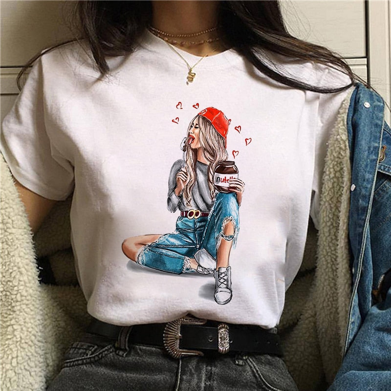 Damen Sommer Top 3D Nutella T-Shirt Rundhals Streetwear lockeres Damentop