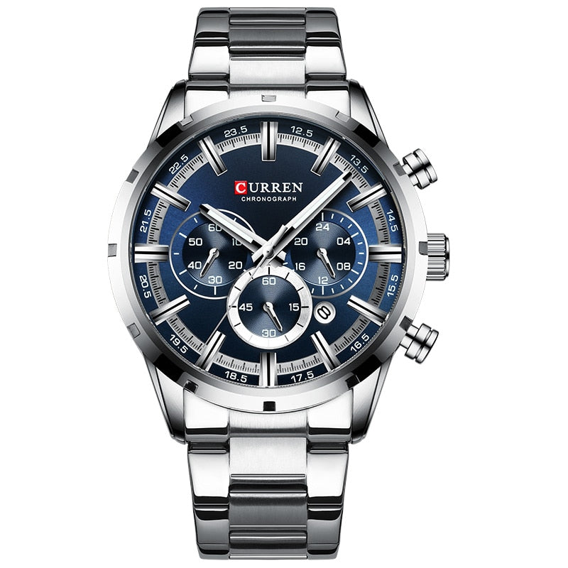 Herren Armbanduhr Silber Schwarz Edelstahl Fashion Luxus Chronograph  Business