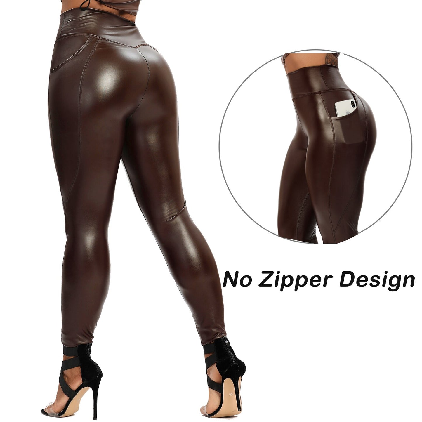 Damen Leggings Push-Up Lang Hose Leder Optik Nachtclub Sexy PU Hohe Elastizität