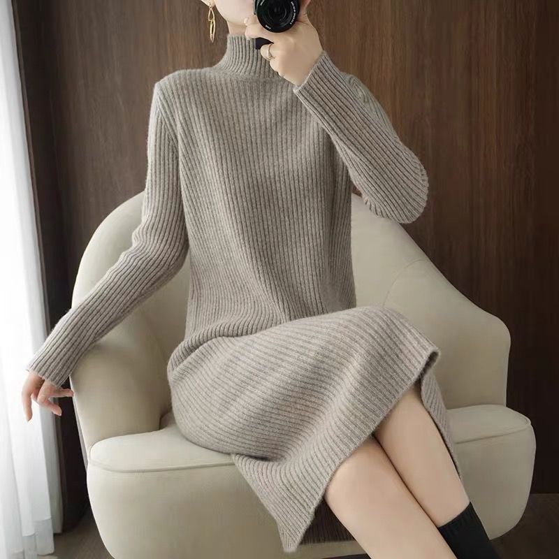 Damen Wollkleid Rollkragen Maxi Kleid Pulloverkleid Herbstkleid Winterkleid Strickkleid