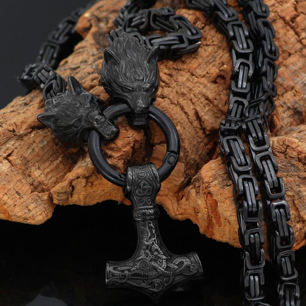 Thors Hammer Mjölnir Edelstahl Halskette Königskette schwarz schwarz Wikingerschmuck