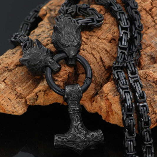 Thors Hammer Mjölnir Edelstahl Halskette Königskette schwarz schwarz Wikingerschmuck