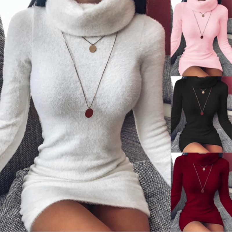 Damen Wollkleid Rollkragen Stiefelkleid Herbstkleid Winterkleid Strickkleid Longpullover