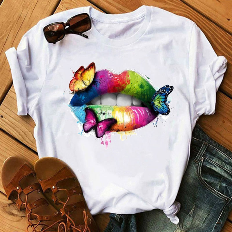 Damen Sommer Top 3D Leopard Kiss T-Shirt Rundhals Streetwear Damentop
