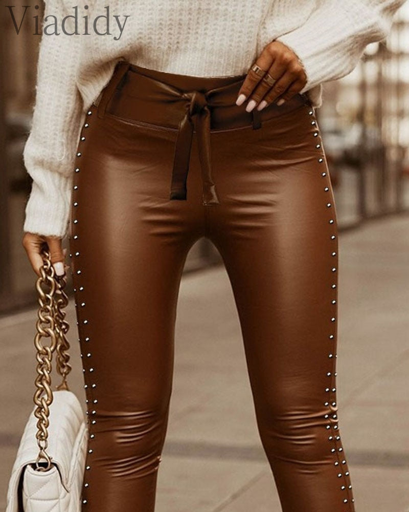 Damen Nieten Leggings Leggins Sexy Lang Dünne PU Hosen Leder Optik Nachtclub