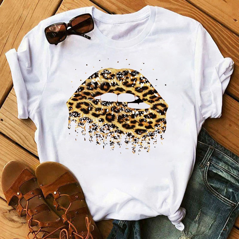 Damen Sommer Top 3D Leopard Kiss T-Shirt Rundhals Streetwear Damentop