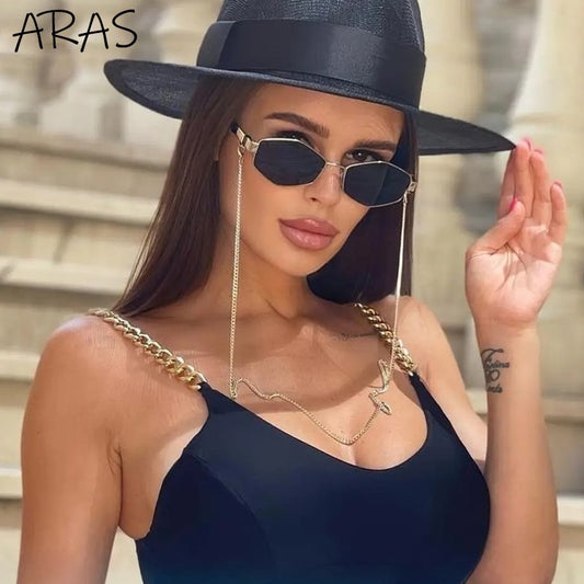 Trendy Retro Hexagon Mit Kette Damen Randlose Linse UV400