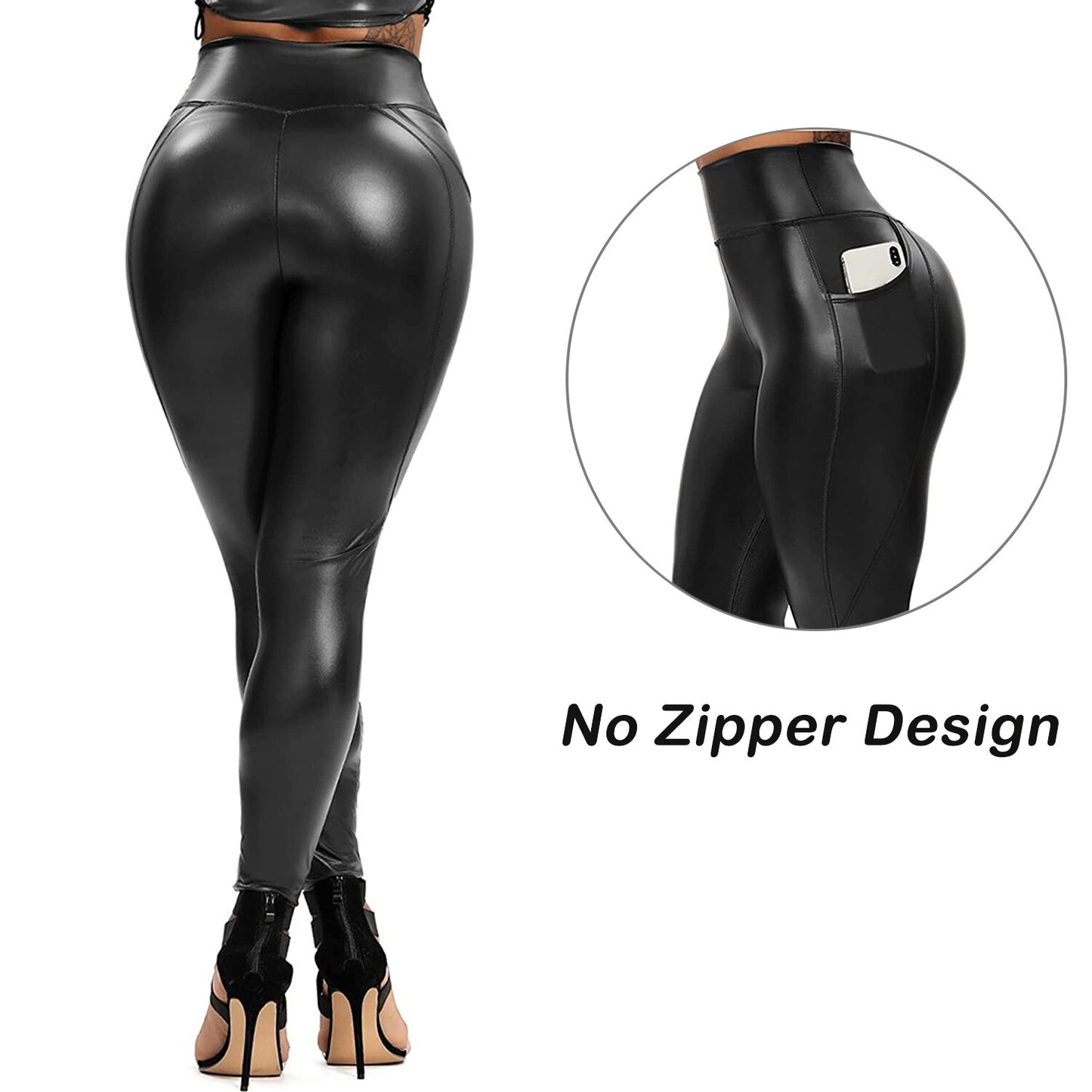 Damen Leggings Push-Up Lang Hose Leder Optik Nachtclub Sexy PU Hohe Elastizität