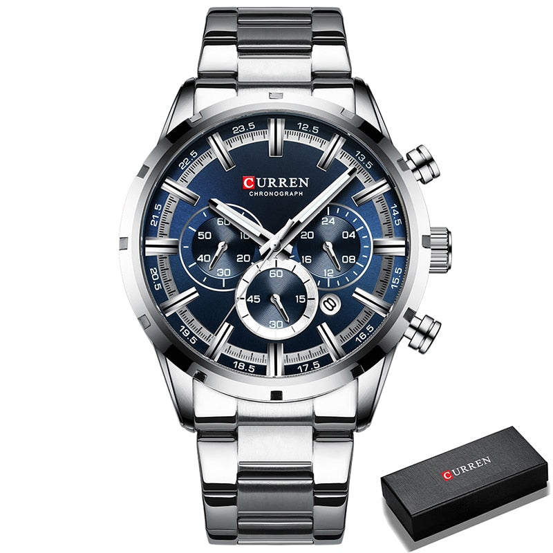 Herren Armbanduhr Silber Schwarz Edelstahl Fashion Luxus Chronograph  Business