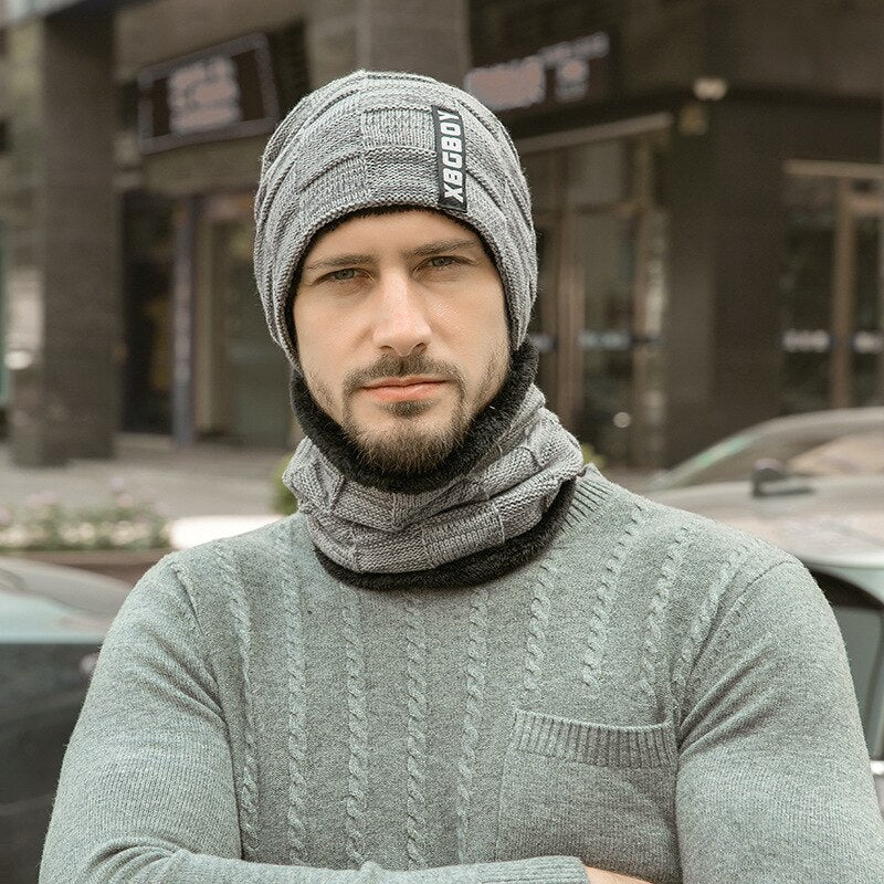 Warme Herren Wintermütze und Schal Fleece Mütze Strickmütze Kappe Hut Unisex