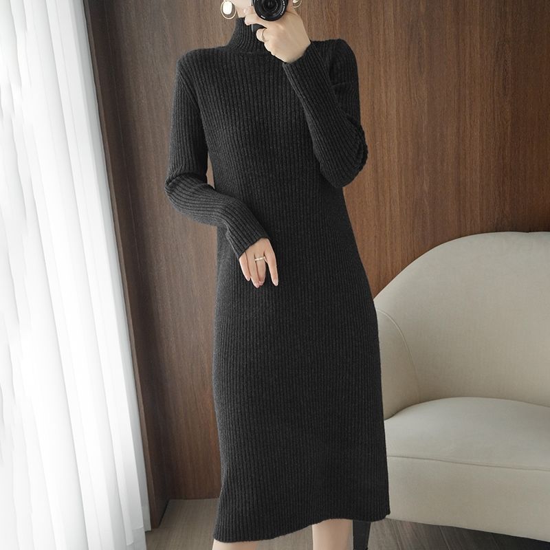 Damen Wollkleid Rollkragen Maxi Kleid Pulloverkleid Herbstkleid Winterkleid Strickkleid