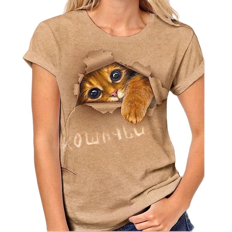 Damen Sommer Top 3D Katzen T-Shirt Rundhals  Streetwear lockeres Damentop