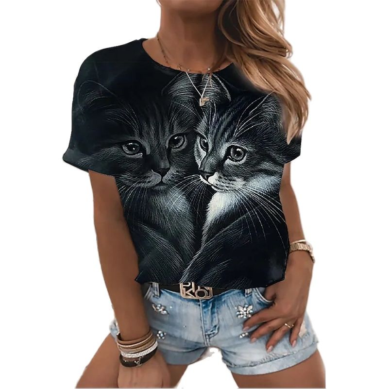 Damen Sommer Top 3D Katzen T-Shirt Rundhals  Streetwear lockeres Damentop
