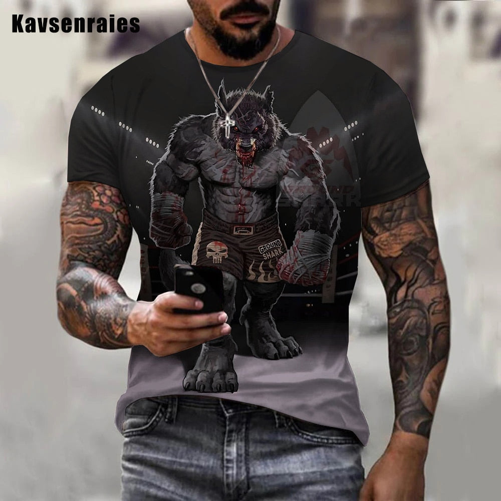 Fashion Herren Boxing Dog 3D T-Shirt Rundhals Unisex Men Fight Club Streetwear