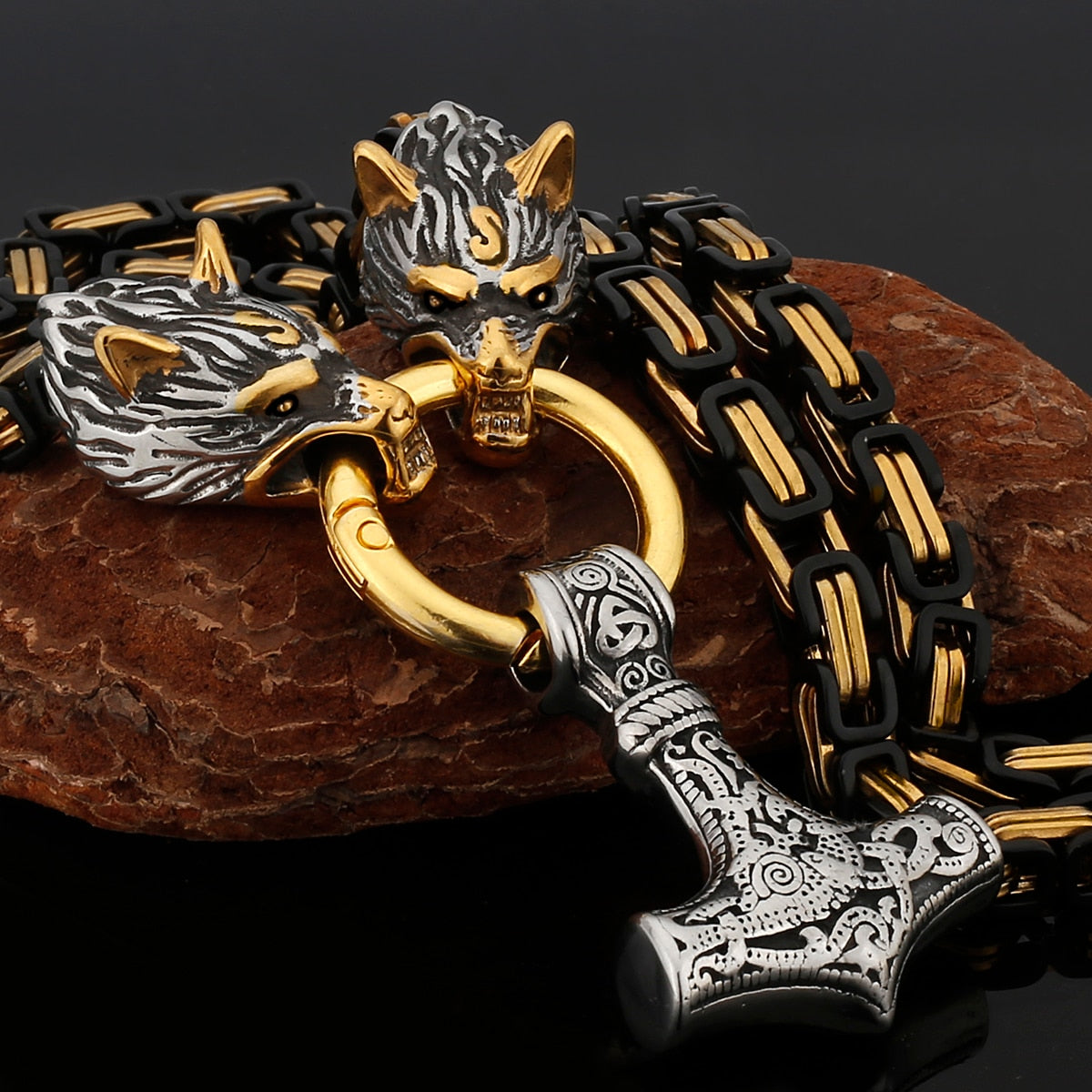 Thors Hammer Mjölnir Edelstahl Halskette Königskette schwarz gold Wikingerschmuck