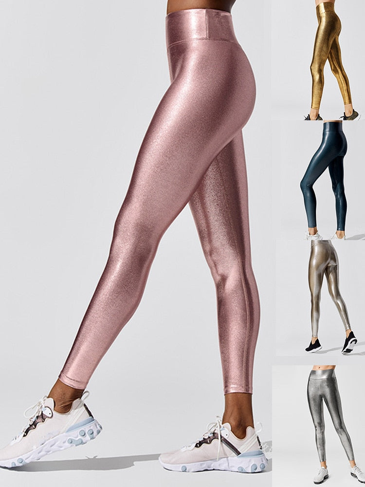Fitness Leggings Hohe Taille Push-Up Damen Glänzende Nahtlose Hose