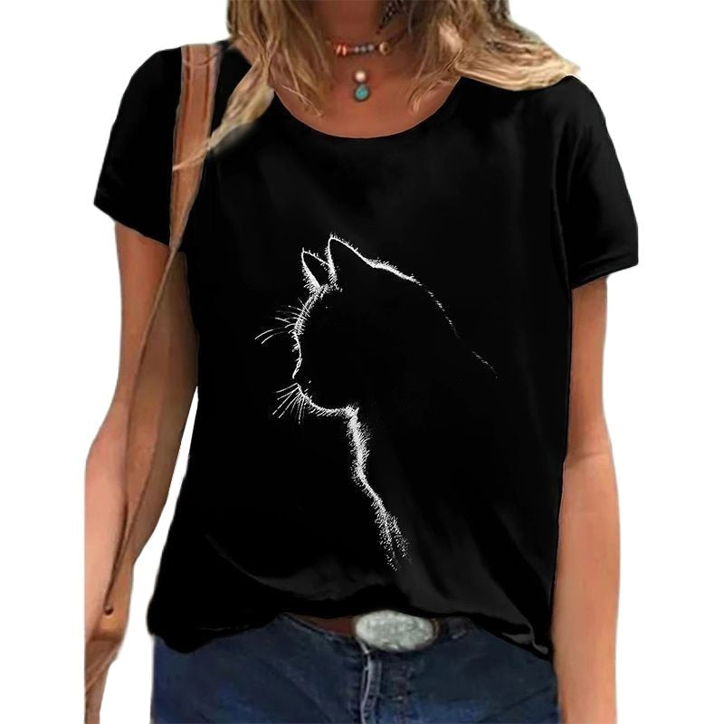 Damen Sommer Top 3D Katzen T-Shirt Rundhals  Streetwear lockeres Damentop