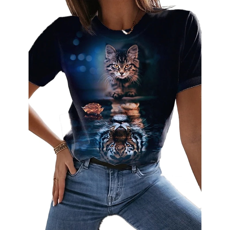 Damen Sommer Top 3D Katzen T-Shirt Rundhals  Streetwear lockeres Damentop