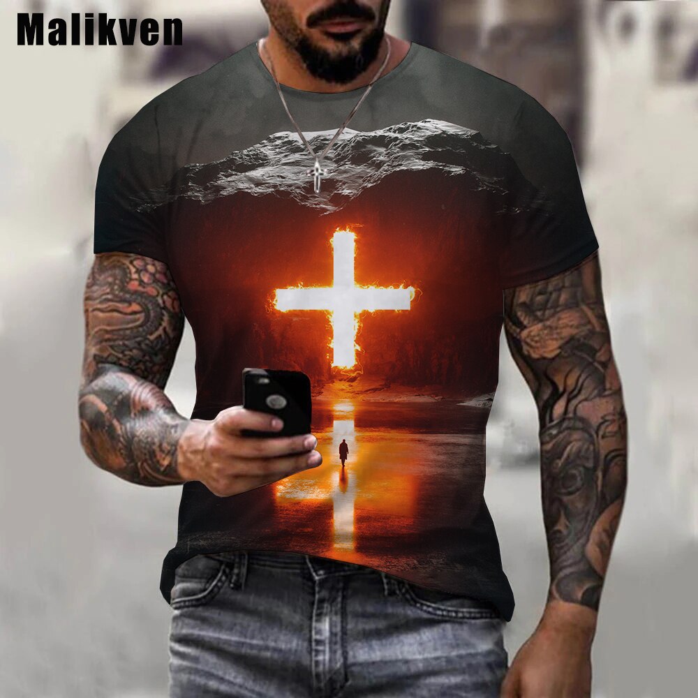 Herren Jesus Christus Kreuz 3D T-Shirt Rundhals Unisex Sommer Streetwear