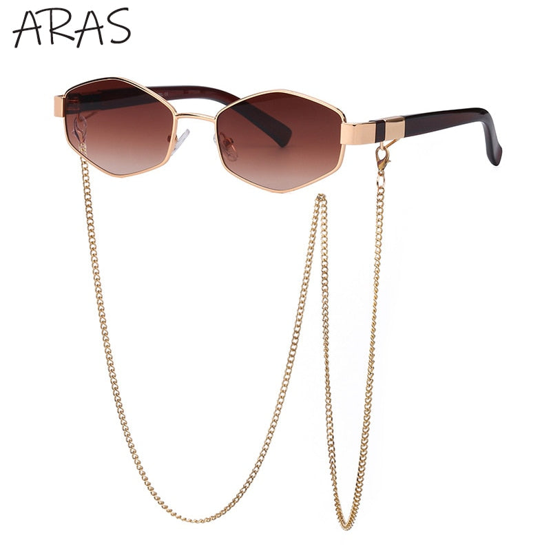 Trendy Retro Hexagon Mit Kette Damen Randlose Linse UV400