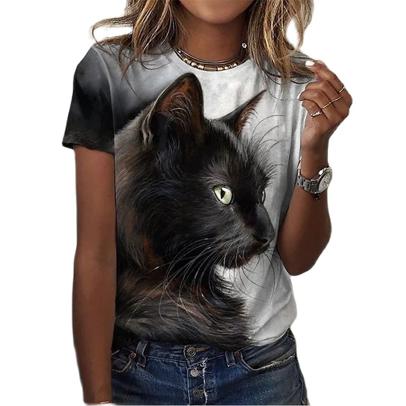 Damen Sommer Top 3D Katzen T-Shirt Rundhals  Streetwear lockeres Damentop