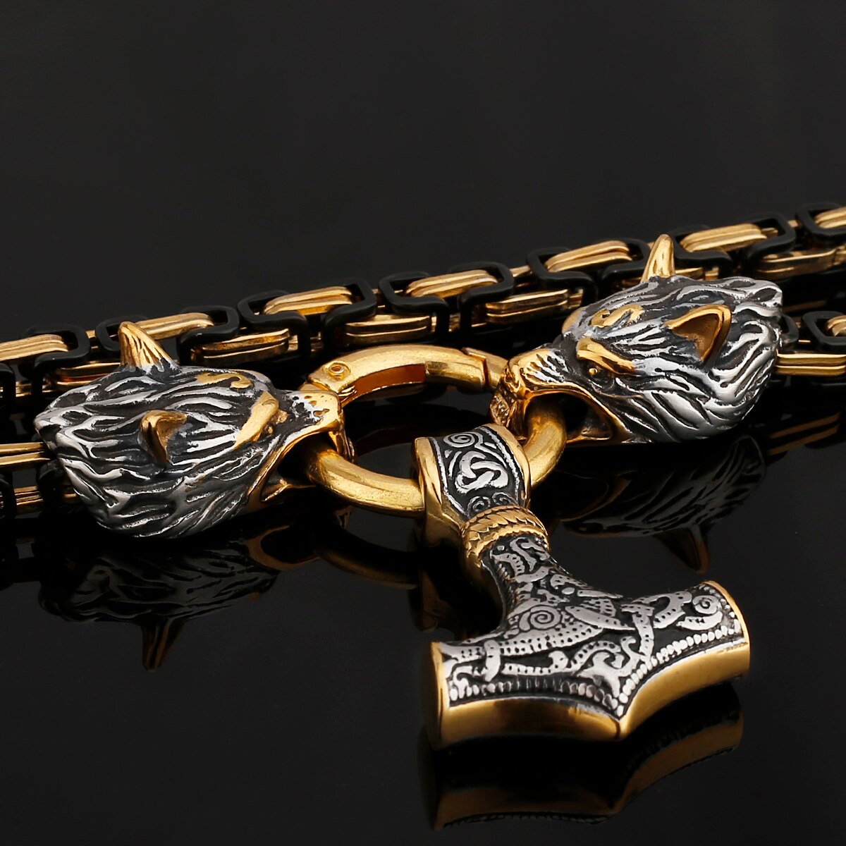 Thors Hammer Mjölnir Edelstahl Halskette Königskette schwarz gold Wikingerschmuck