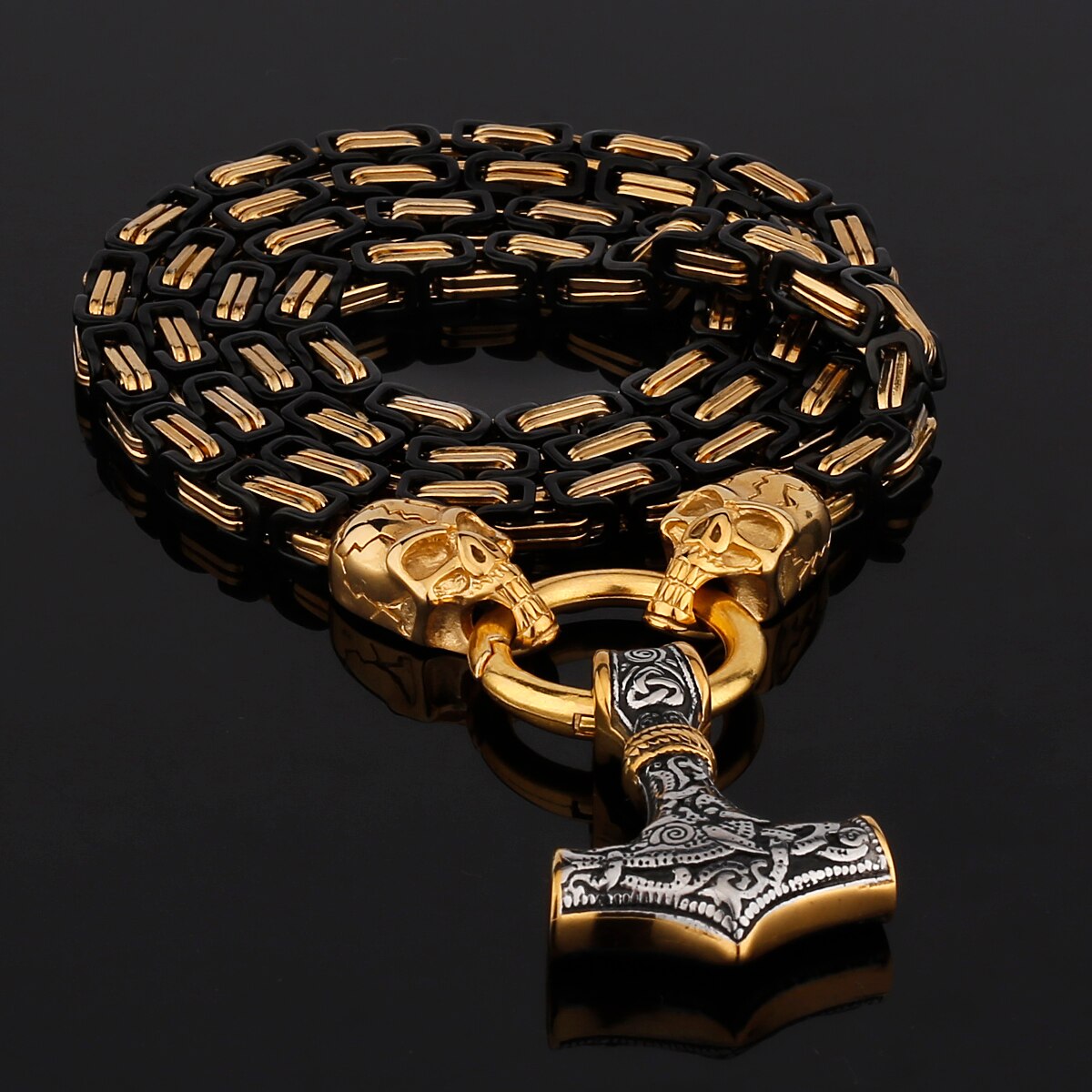 Thors Hammer Skull Edelstahl Halskette Königskette schwarz gold Wikingerschmuck