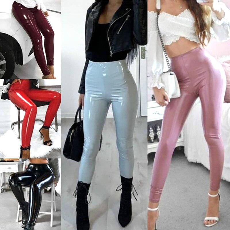 Sexy frauen Leggings Leggins Lang Hose Leder Optik Nachtclub Sexy Hohe Elastizität