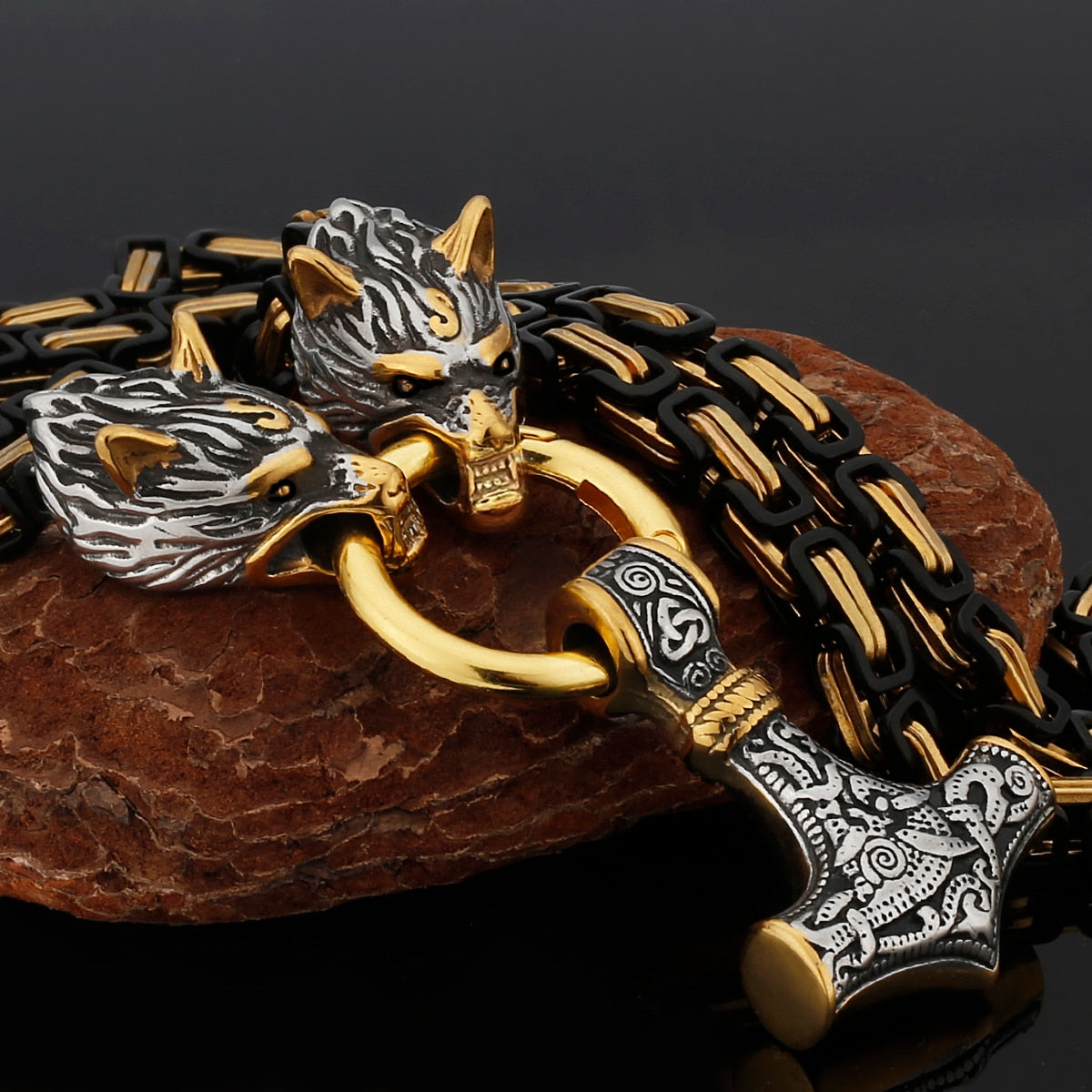 Thors Hammer Mjölnir Edelstahl Halskette Königskette schwarz gold Wikingerschmuck