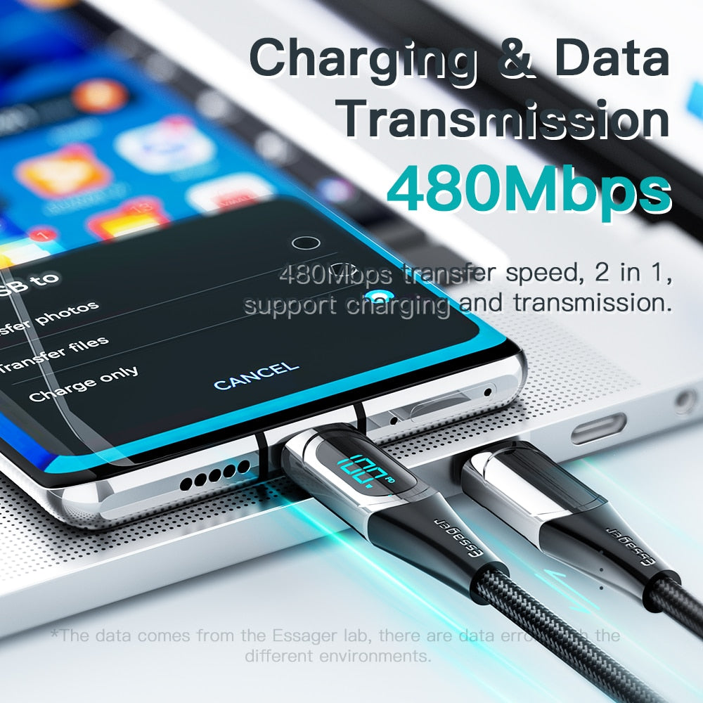 USB C Ladekabel 2M PD 100W 5A LED Anzeige Schnell Kabel Für Macbook Samsung