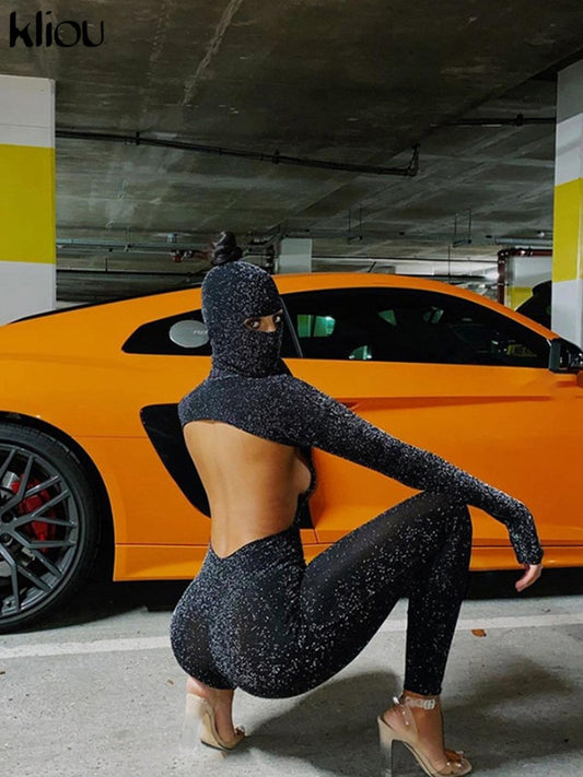 Sexy Damen Bodycon Jumpsuit mit Kapuze Bodysuit Hohl Romper Bodys Overall