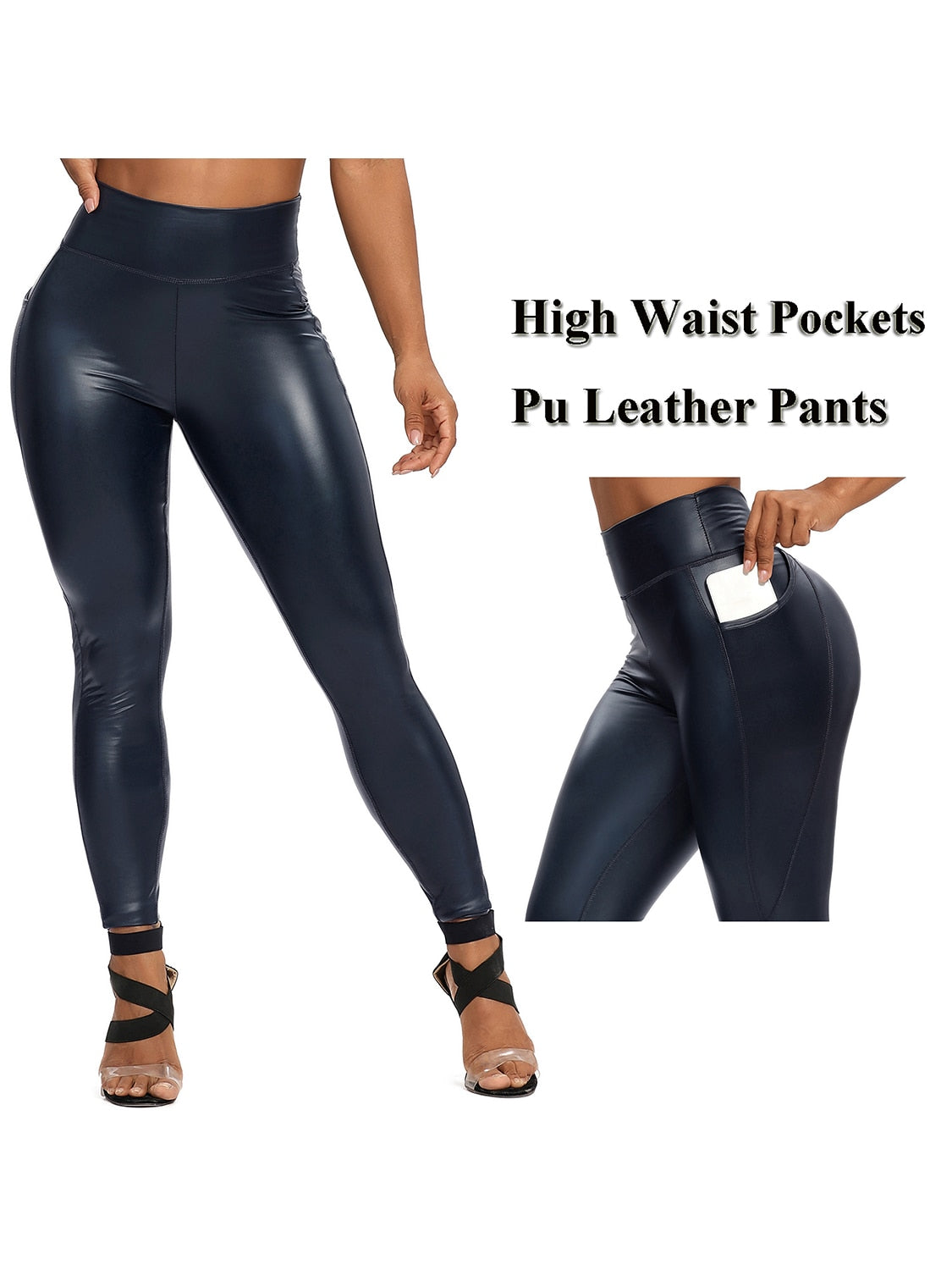 Damen Fashion Leggings Push Up Leggins Hose PU Lederhose mit Reißverschluss Sexy