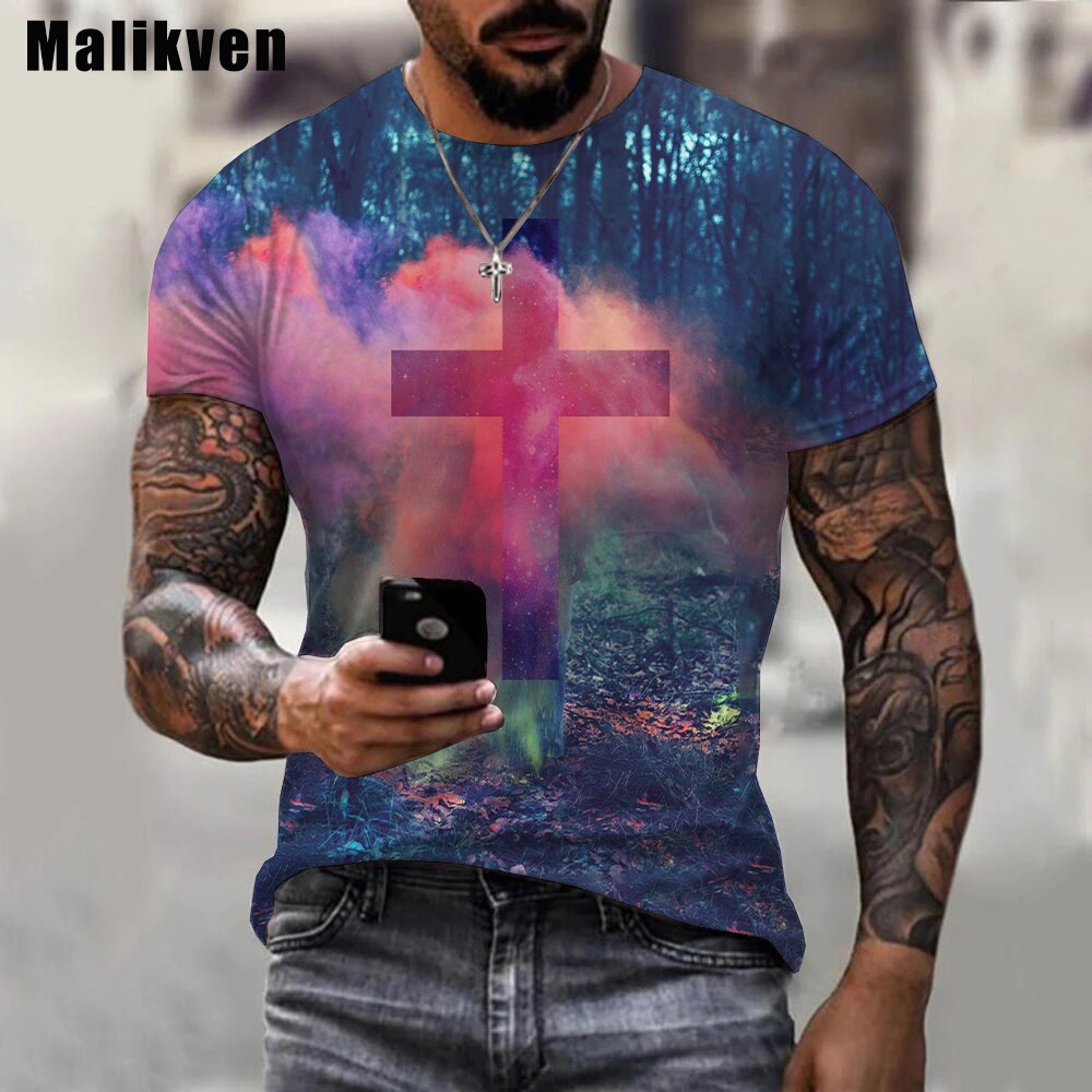 Herren Jesus Christus Kreuz 3D T-Shirt Rundhals Unisex Sommer Streetwear