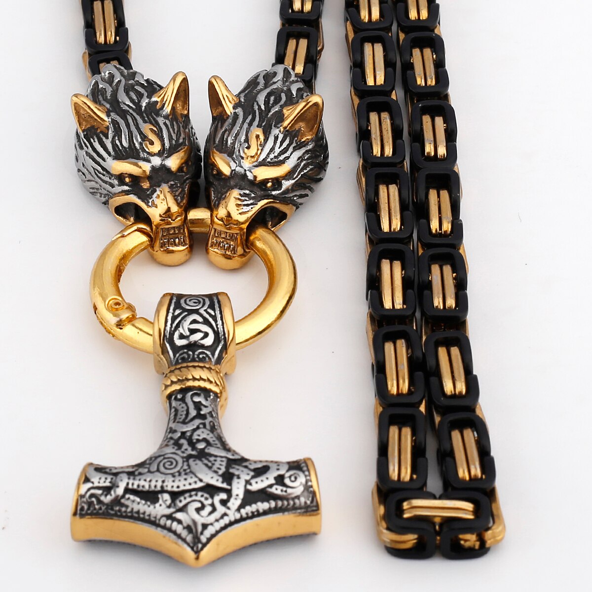 Thors Hammer Mjölnir Edelstahl Halskette Königskette schwarz gold Wikingerschmuck