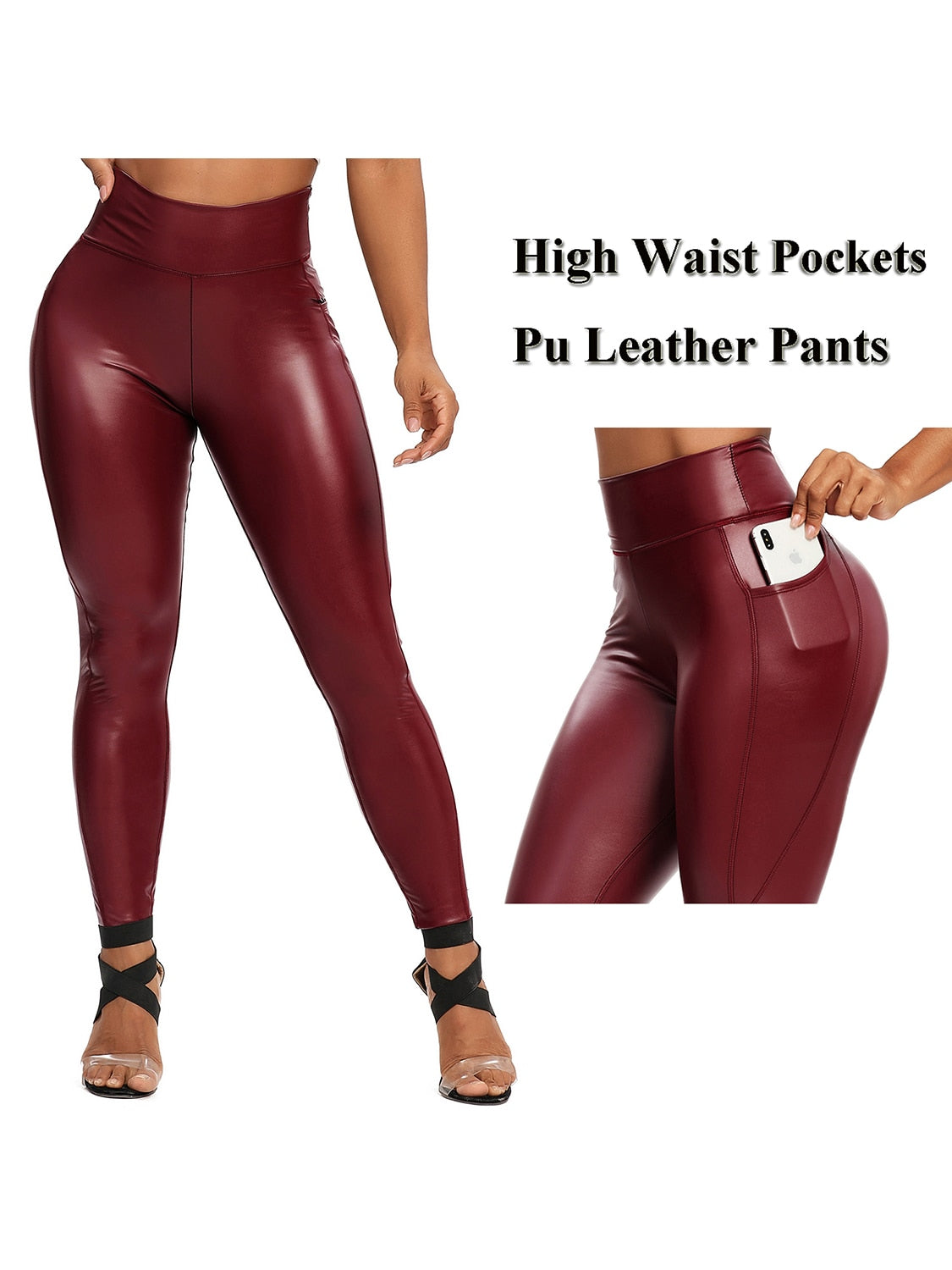 Damen Fashion Leggings Push Up Leggins Hose PU Lederhose mit Reißverschluss Sexy
