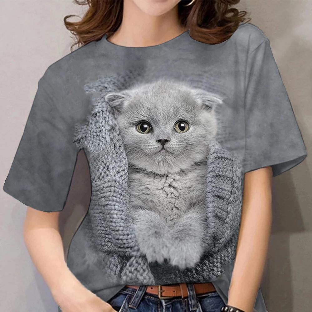 Damen Sommer Top 3D Katzen T-Shirt Rundhals Streetwear lockeres Damentop