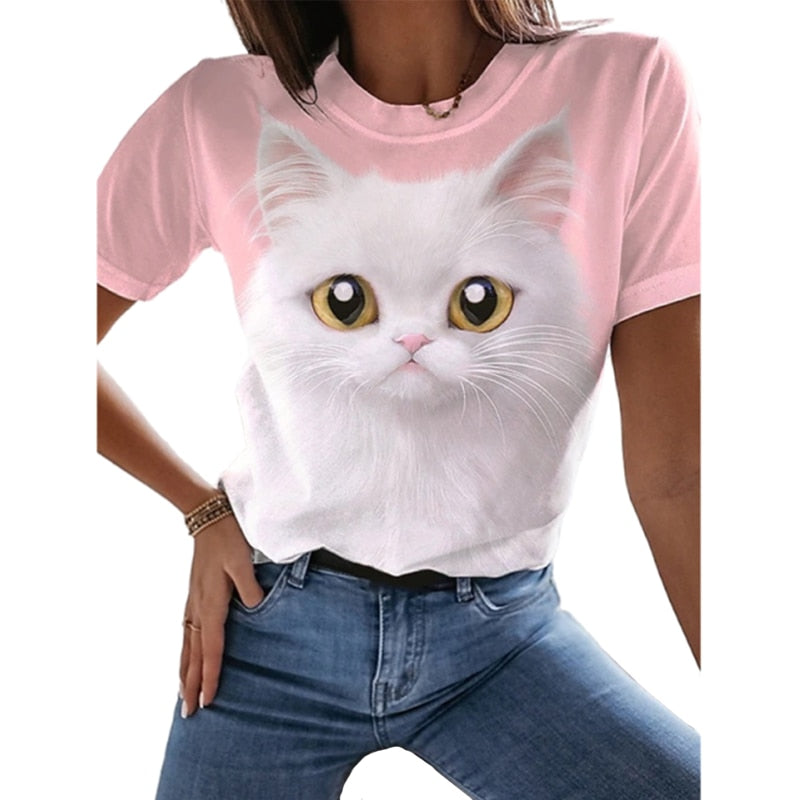 Damen Sommer Top 3D Katzen T-Shirt Rundhals  Streetwear lockeres Damentop