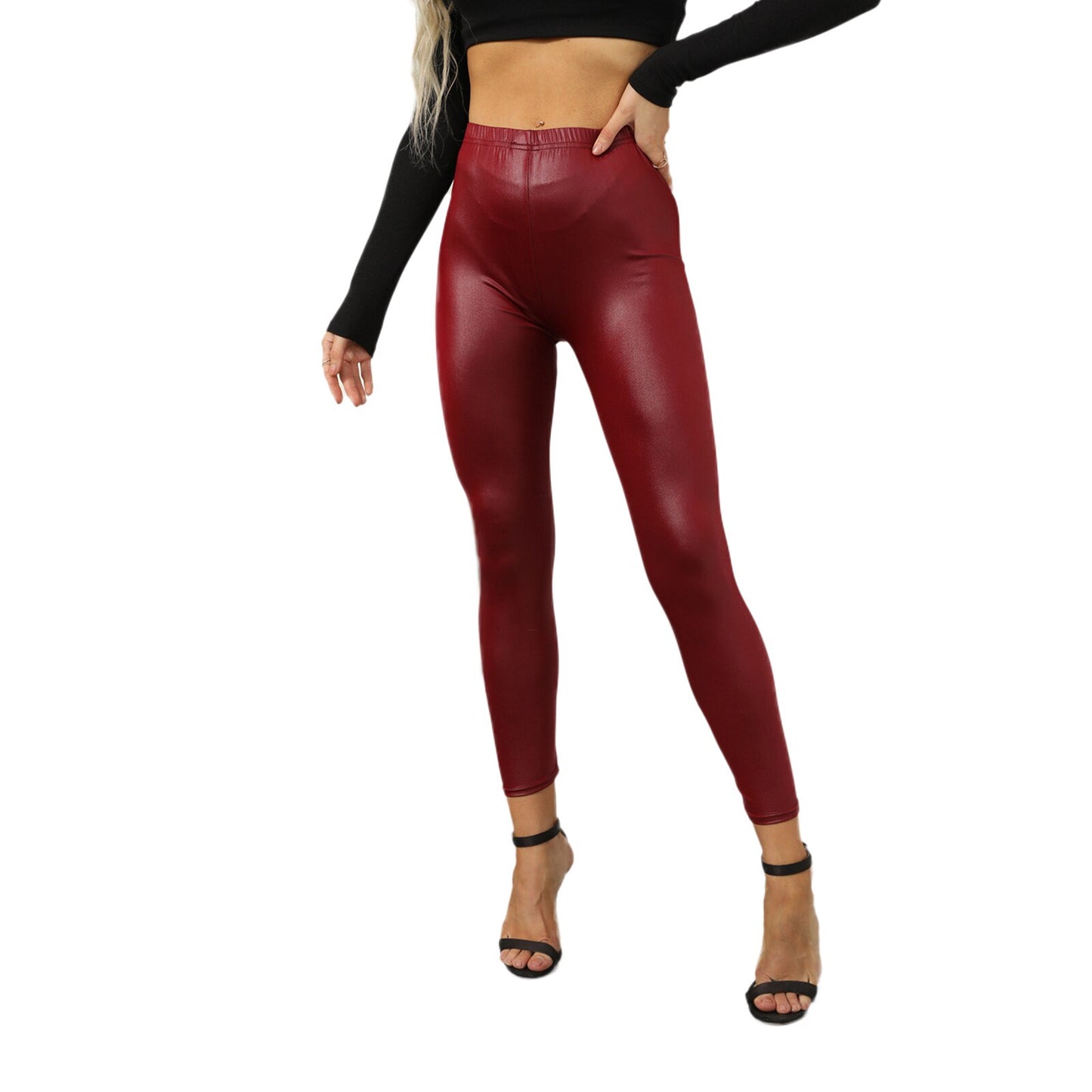Damen Leggings Leggins Lang Hose Kunstleder Nachtclub Sexy PU Hohe Elastizität