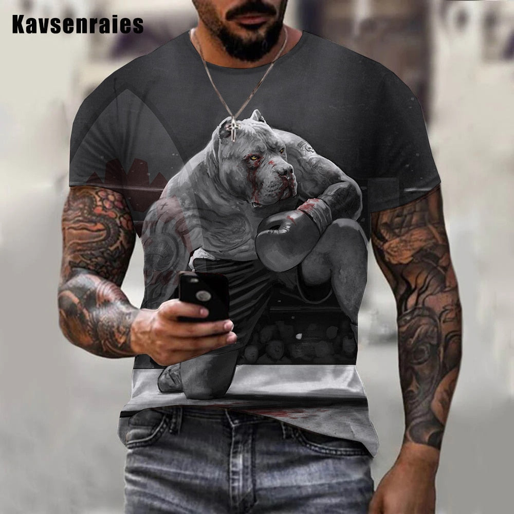 Fashion Herren Boxing Dog 3D T-Shirt Rundhals Unisex Men Fight Club Streetwear