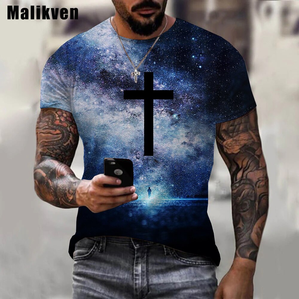 Herren Jesus Christus Kreuz 3D T-Shirt Rundhals Unisex Sommer Streetwear