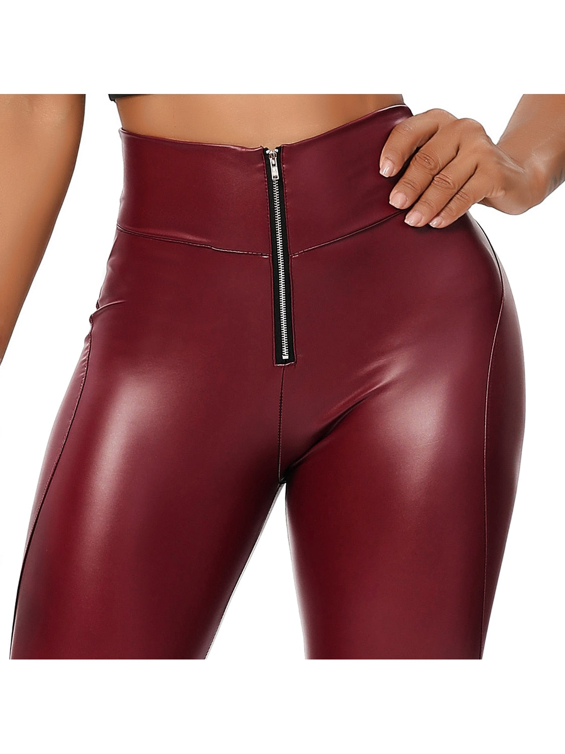 Damen Fashion Leggings Push Up Leggins Hose PU Lederhose mit Reißverschluss Sexy
