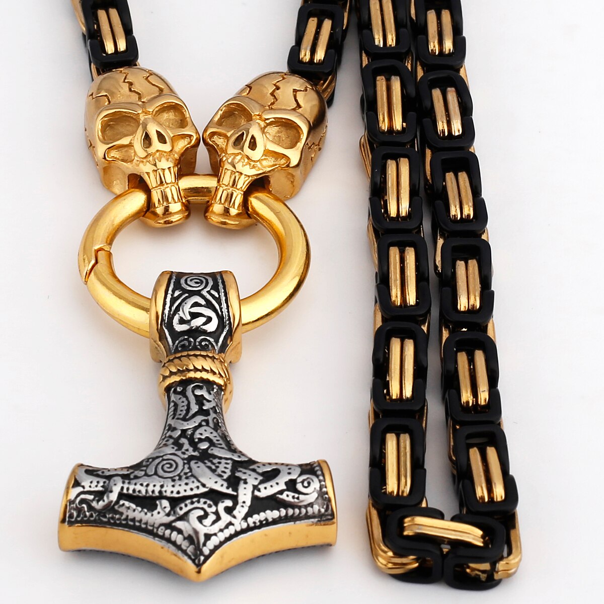 Thors Hammer Skull Edelstahl Halskette Königskette schwarz gold Wikingerschmuck