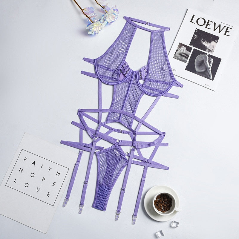 Damen Sexy Spitze Dessous Bodysuit Babydoll Reizwäsche Body Unterwäsche Schwarz