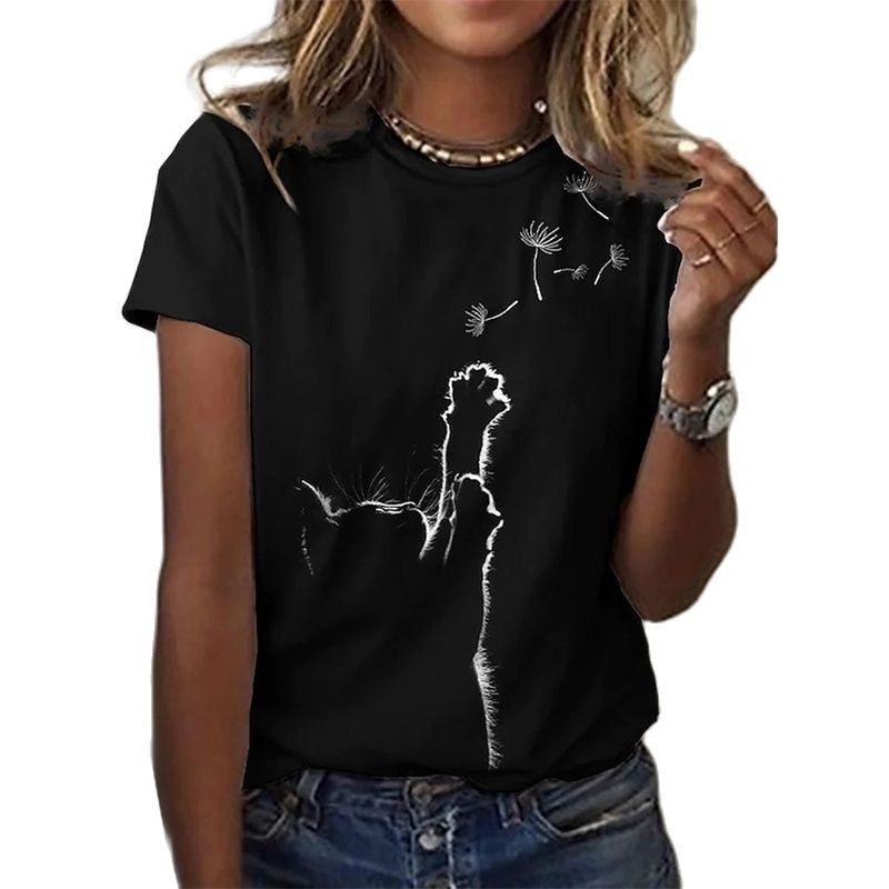 Damen Sommer Top 3D Katzen T-Shirt Rundhals  Streetwear lockeres Damentop