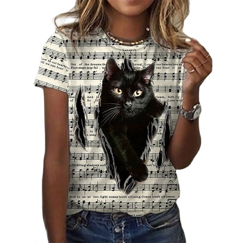 Damen Sommer Top 3D Katzen T-Shirt Rundhals  Streetwear lockeres Damentop