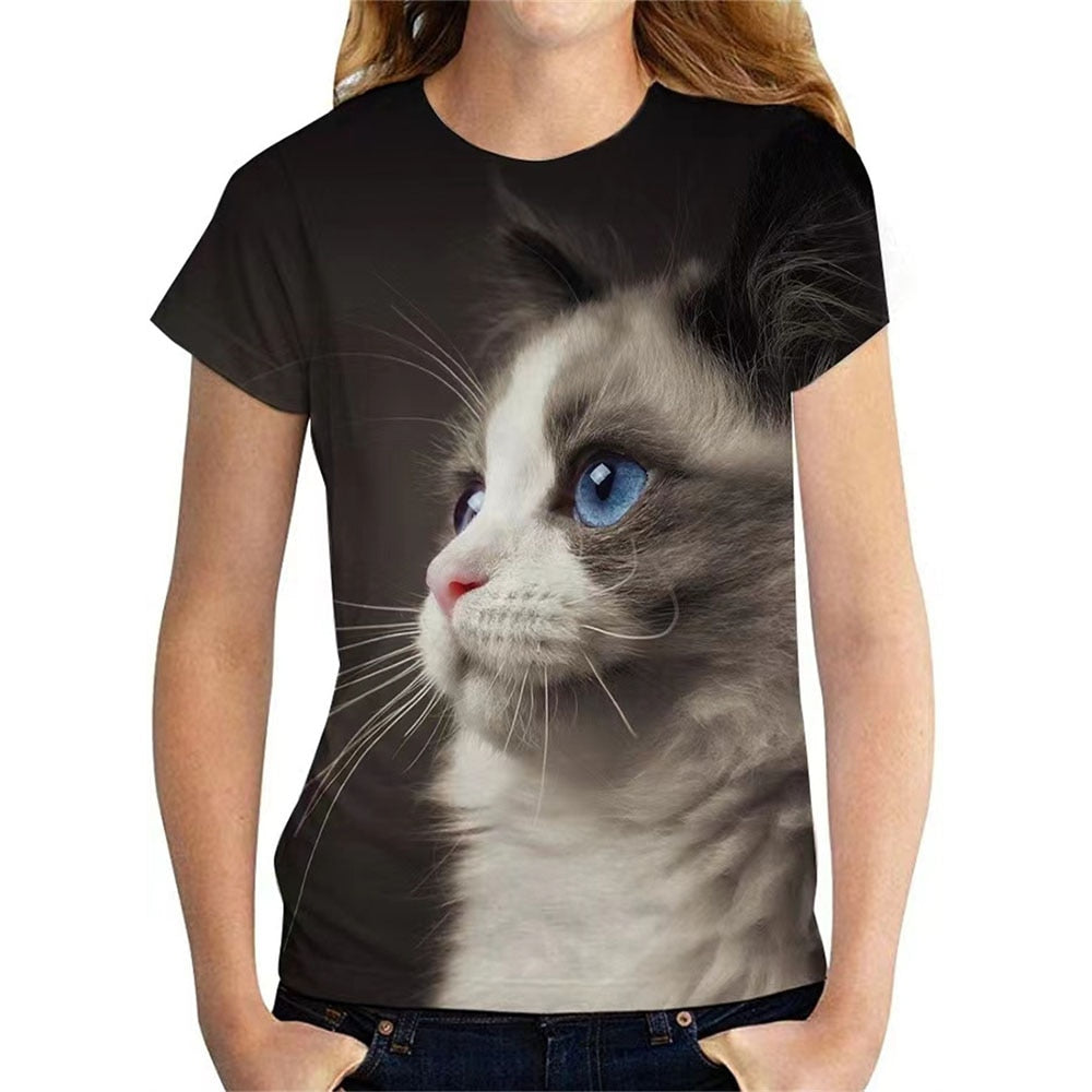 Damen Sommer Top 3D Katzen T-Shirt Rundhals Streetwear lockeres Damentop