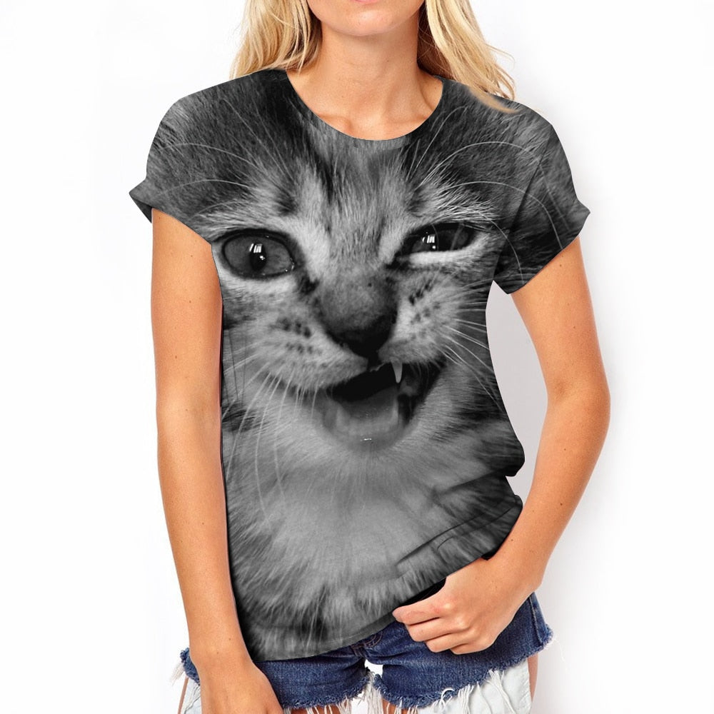 Damen Sommer Top 3D Katzen T-Shirt Rundhals Streetwear lockeres Damentop