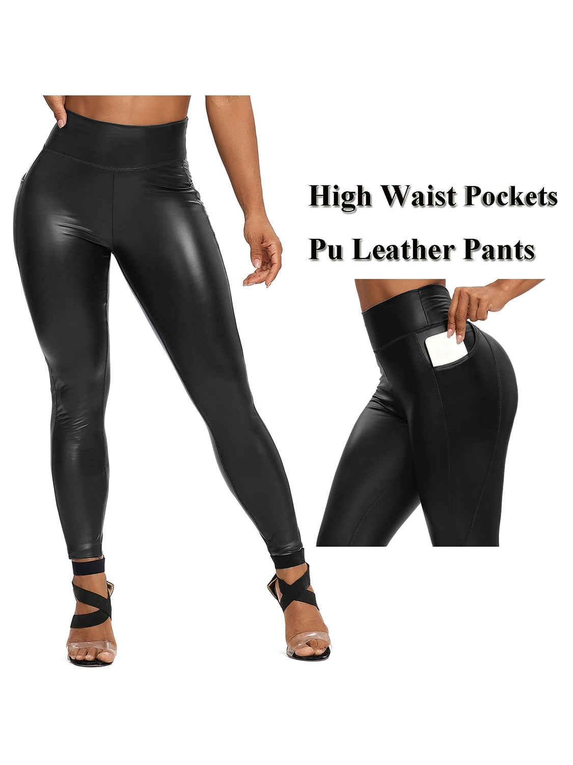 Damen Fashion Leggings Push Up Leggins Hose PU Lederhose mit Reißverschluss Sexy